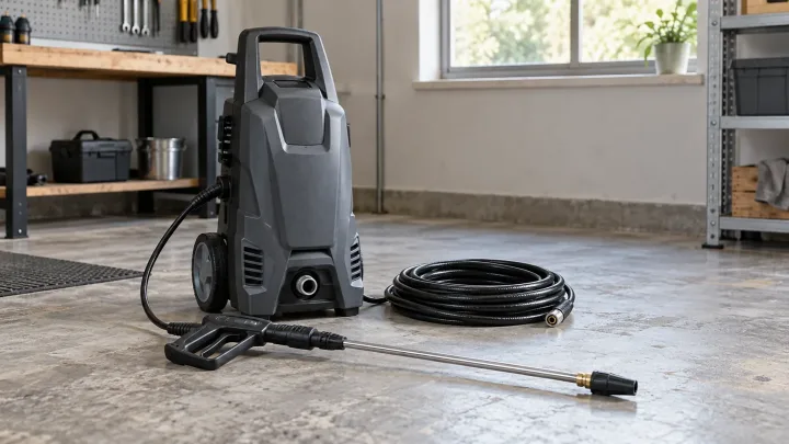 Unbranded wheeled pressure washer, spray lance and coiled hose in a workshop; AI concept illustration