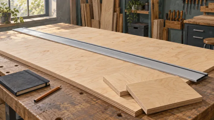 AI conceptual illustration of a panel workbench, unbranded rail, wood offcuts and notebook; no saw depicted