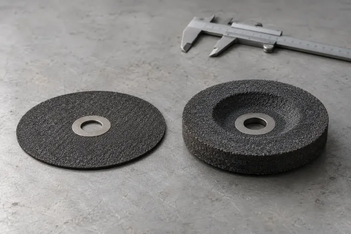 AI illustration of a thin cutting disc and a thick grinding wheel, not actual product models