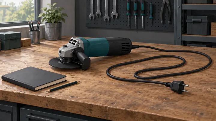 AI conceptual illustration of an unplugged corded grinder, a loose cable and a notebook