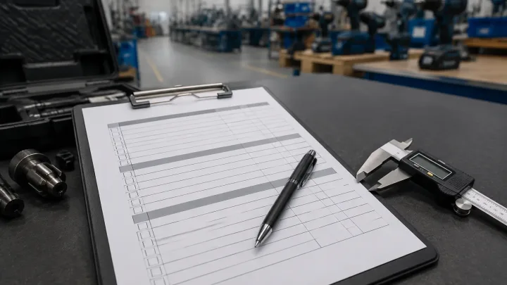 A clean, professional flat-lay photo of a clipboard with a checklist, a pen, and a digital caliper on a workbench, with a blurred background of a manufacturing or warehouse setting. The focus is on the tools of evaluation, not on any specific brand or pro