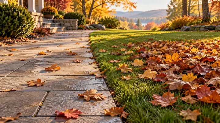 AI-generated autumn cleanup concept with scattered leaves on a paved path and a larger leaf pile on grass