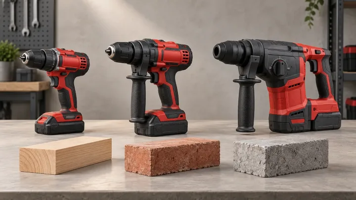 AI concept illustration of a drill, hammer drill and rotary hammer beside timber, brick and concrete