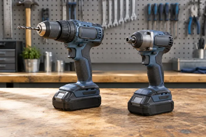 On a workshop bench, a blue cordless drill with a bit and a blue cordless impact driver sit side by side, with a tool pegboard in the background.