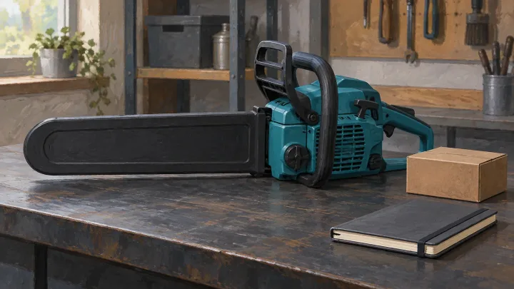 AI conceptual illustration of a chainsaw with its bar covered, a parts box and a notebook