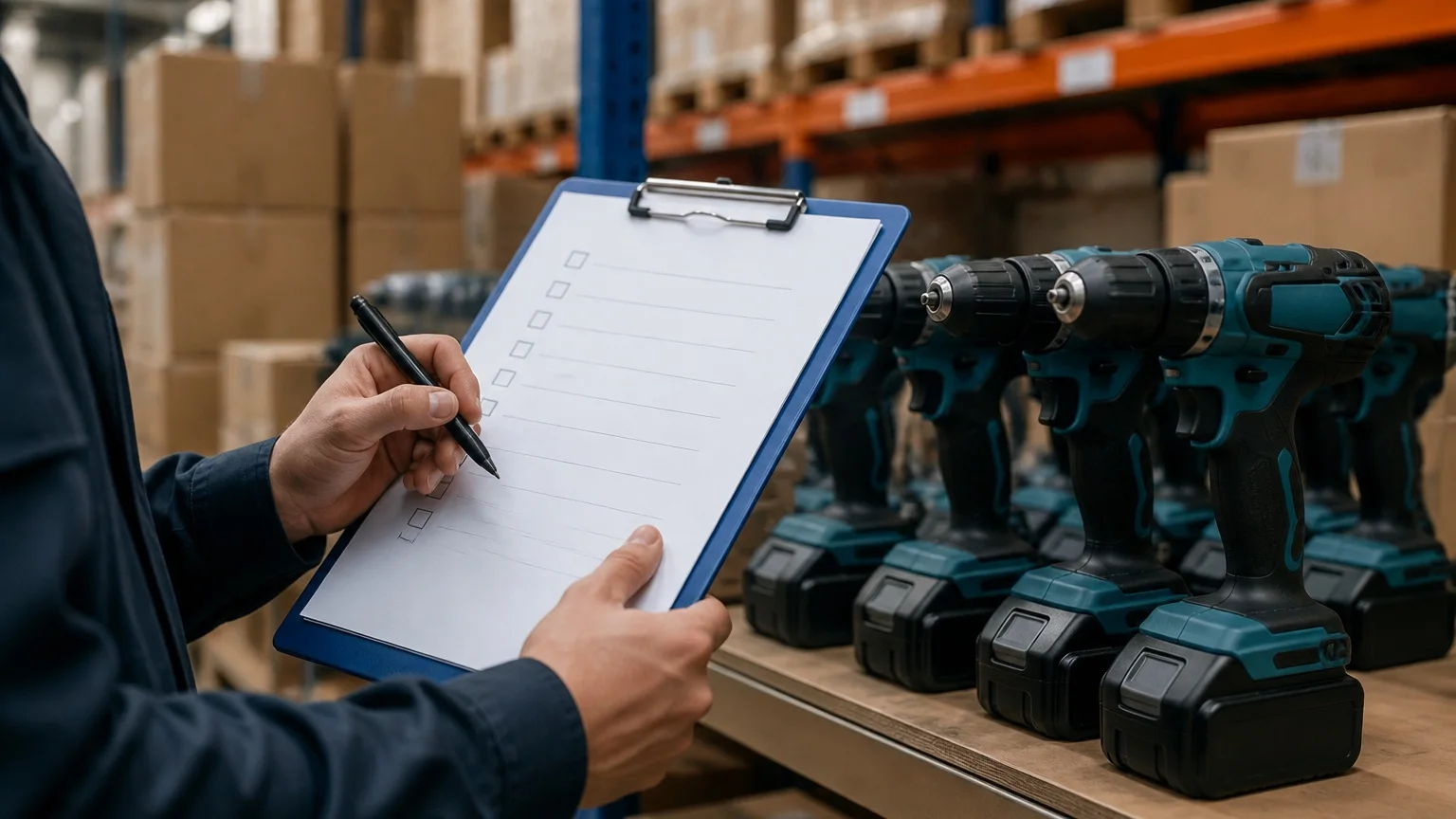 A clean, professional photograph of a supply chain or procurement scenario, such as a warehouse with boxes of power tools being inspected, or a close-up of a hand holding a clipboard with a checklist in front of a shelf of cordless power tools. The image