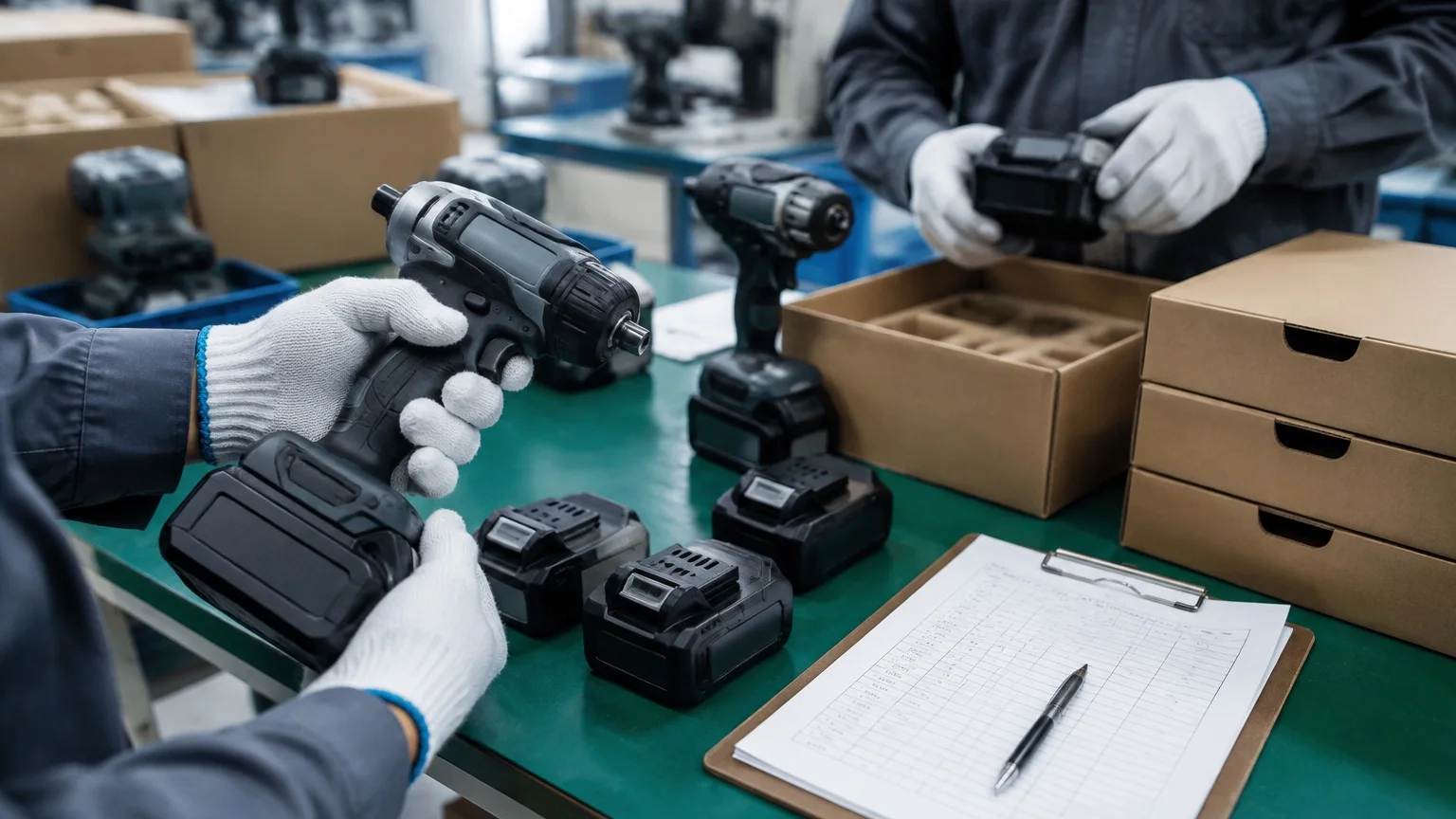 Professional, bright cordless power tool factory inspection and shipping preparation scene: tools, battery packs, cartons, and inspection records being cross-checked, highlighting batch traceability, sample acceptance, or packing inspection. Avoid readabl