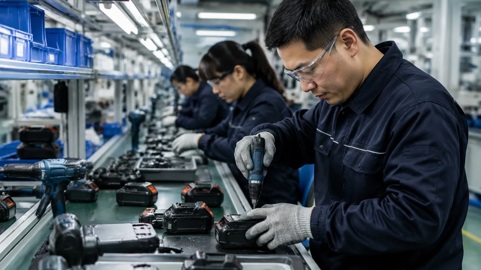 A clear, professional view of a cordless power tool production workshop or battery PACK assembly line, with workers operating equipment, free of any text, logos, certificates, or fictional parameters.