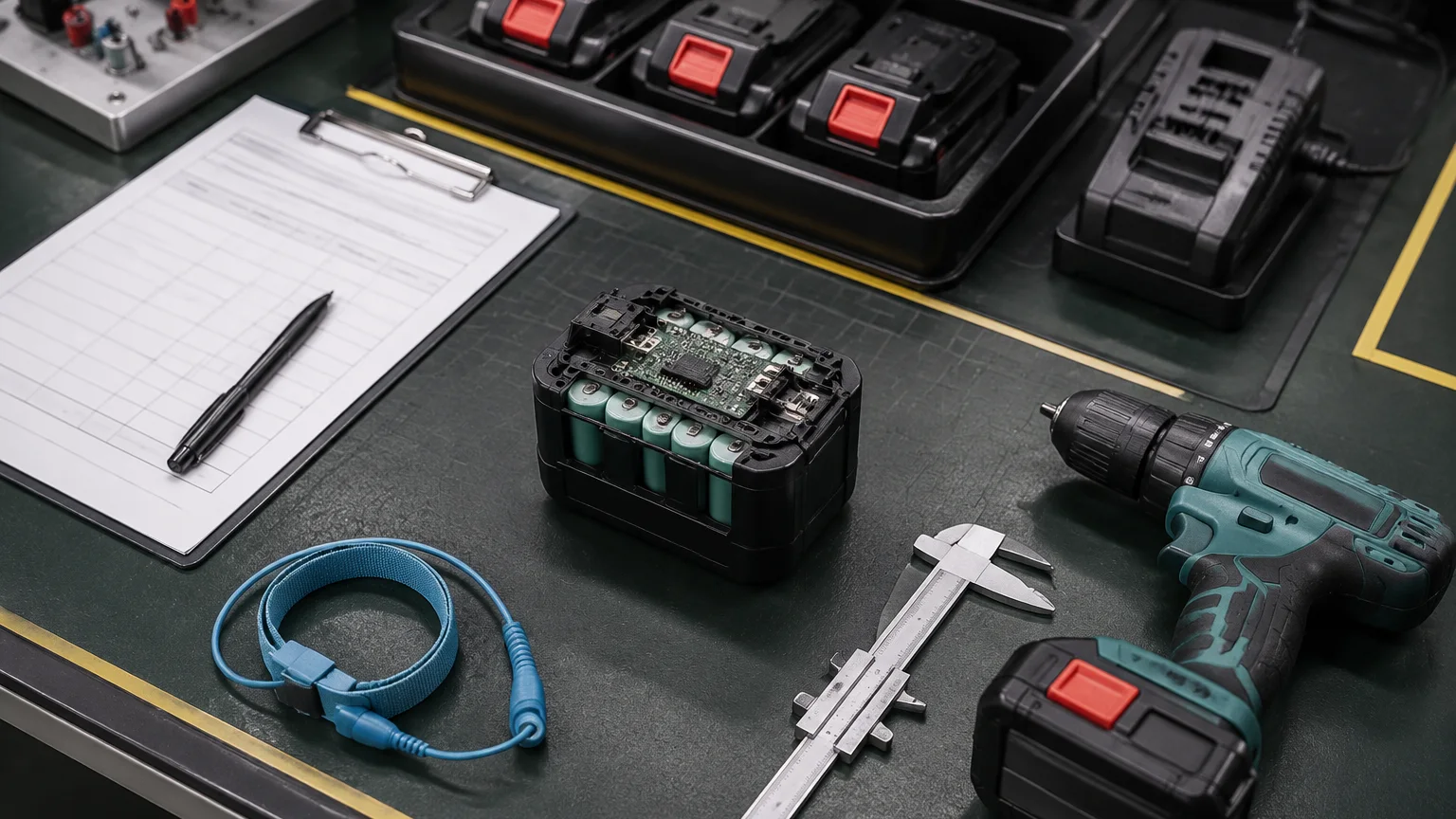 Top-down view of a cordless drill battery pack and charger on a quality inspection bench, with calipers, an inspection record board, and an anti-static wrist strap; the scene reflects a battery PACK inspection setting, with no text, logos, certificates, o