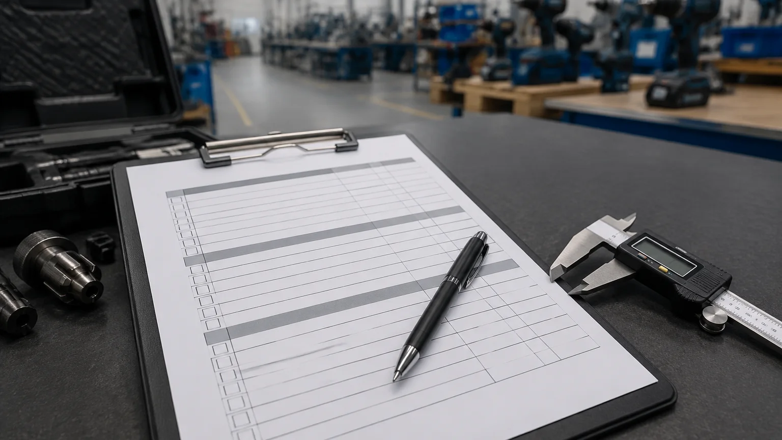 A clean, professional flat-lay photo of a clipboard with a checklist, a pen, and a digital caliper on a workbench, with a blurred background of a manufacturing or warehouse setting. The focus is on the tools of evaluation, not on any specific brand or pro