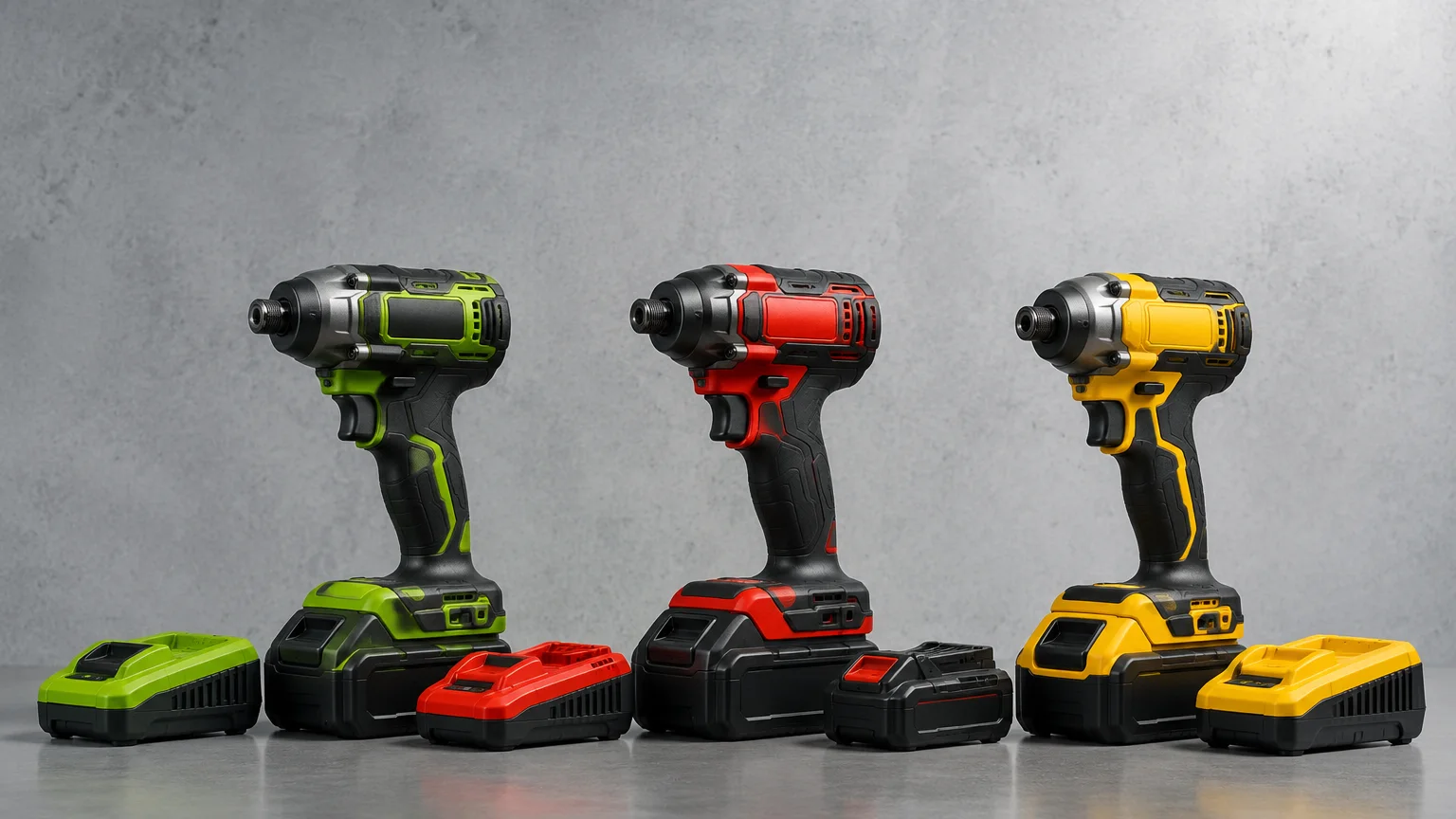 Neutral side-by-side comparison visual: impact driver, battery, and charger arranged on a clean background, with no brand logos, text, or specification labels.