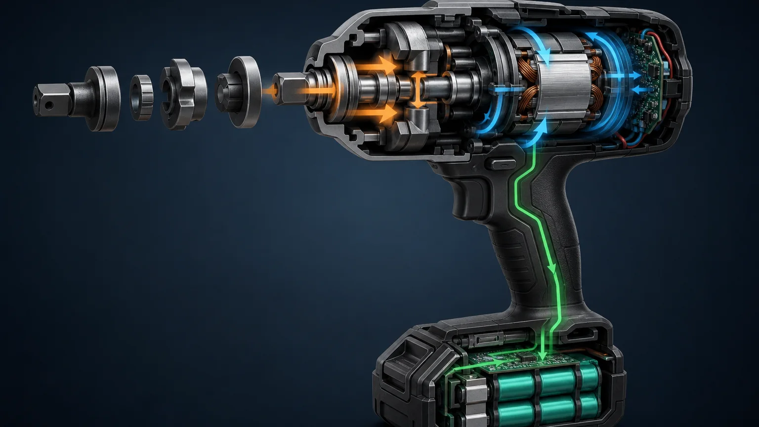 A clean technical illustration showing the internal structure of a cordless impact wrench: brushless motor, hammer/anvil impact mechanism, battery pack, and square drive anvil, with arrows indicating mechanical energy flow; no text, no logos, no certifica