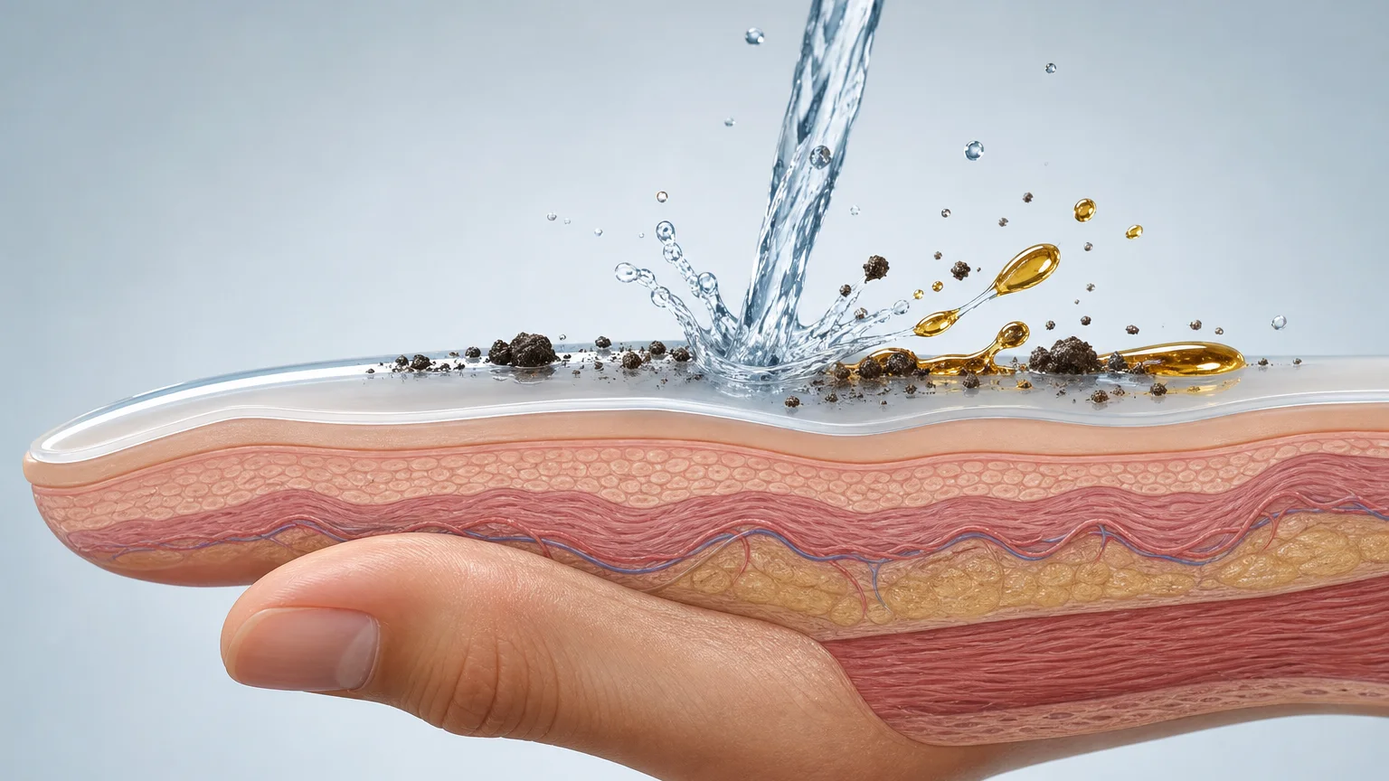 Hand cross-section principle diagram: a translucent film covers the skin layer, with dirt particles and oil droplets remaining on the film surface, and water flowing from above washing away the stains; the image is clean and flat, without any text, logos,