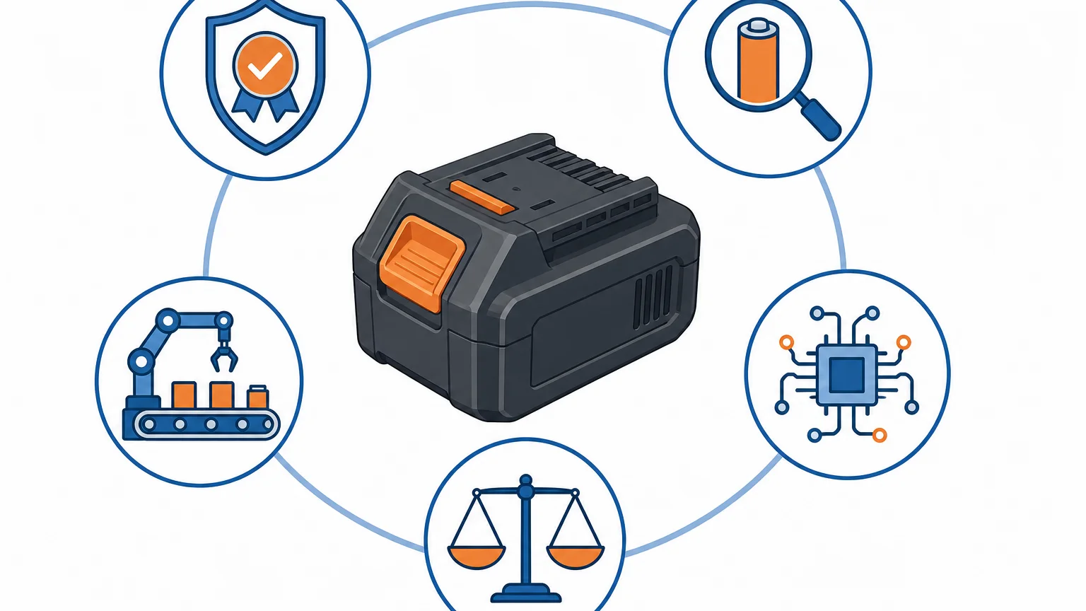 Diagram of power tool OEM battery supplier evaluation: cell sorting, BMS, certifications, factory audit and commercial terms