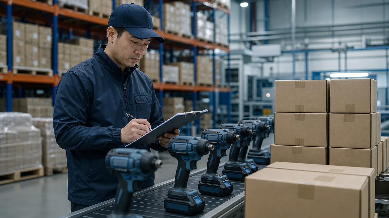 A quality inspector inspects cordless power tools and packaging boxes on a factory production line, holding a checklist, with shelves and pallets in the background. The illustration is neutral and professional, with no text, logos, or certificates, in a c