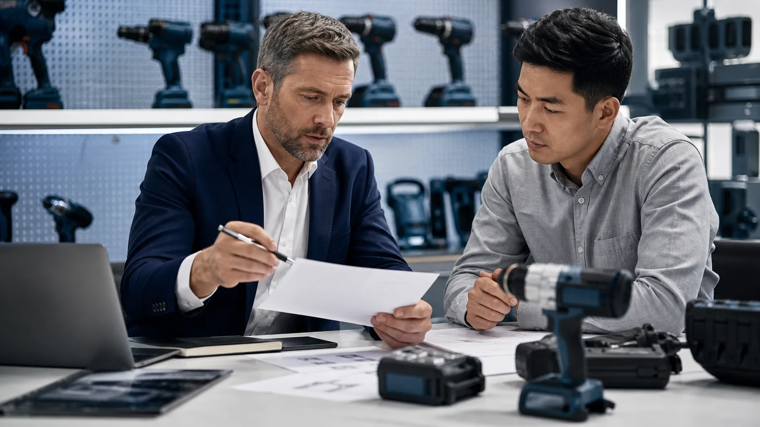 A professional business scene showing a procurement representative and a supplier representative in a meeting room or showroom, jointly reviewing documents or product samples. The image should focus on the process of collaboration and assessment, reflecti