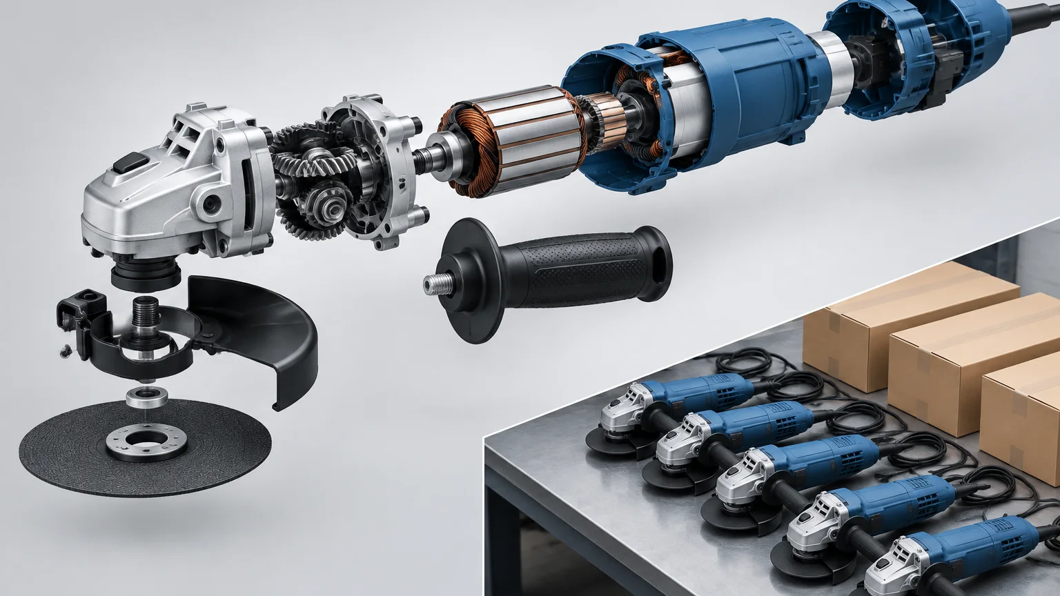Exploded-view illustration of an angle grinder with the motor, gearbox, spindle, adjustable guard, grinding disc and auxiliary handle laid out along the central axis, on a light grey background in industrial blue and metallic grey, schematic proportions,