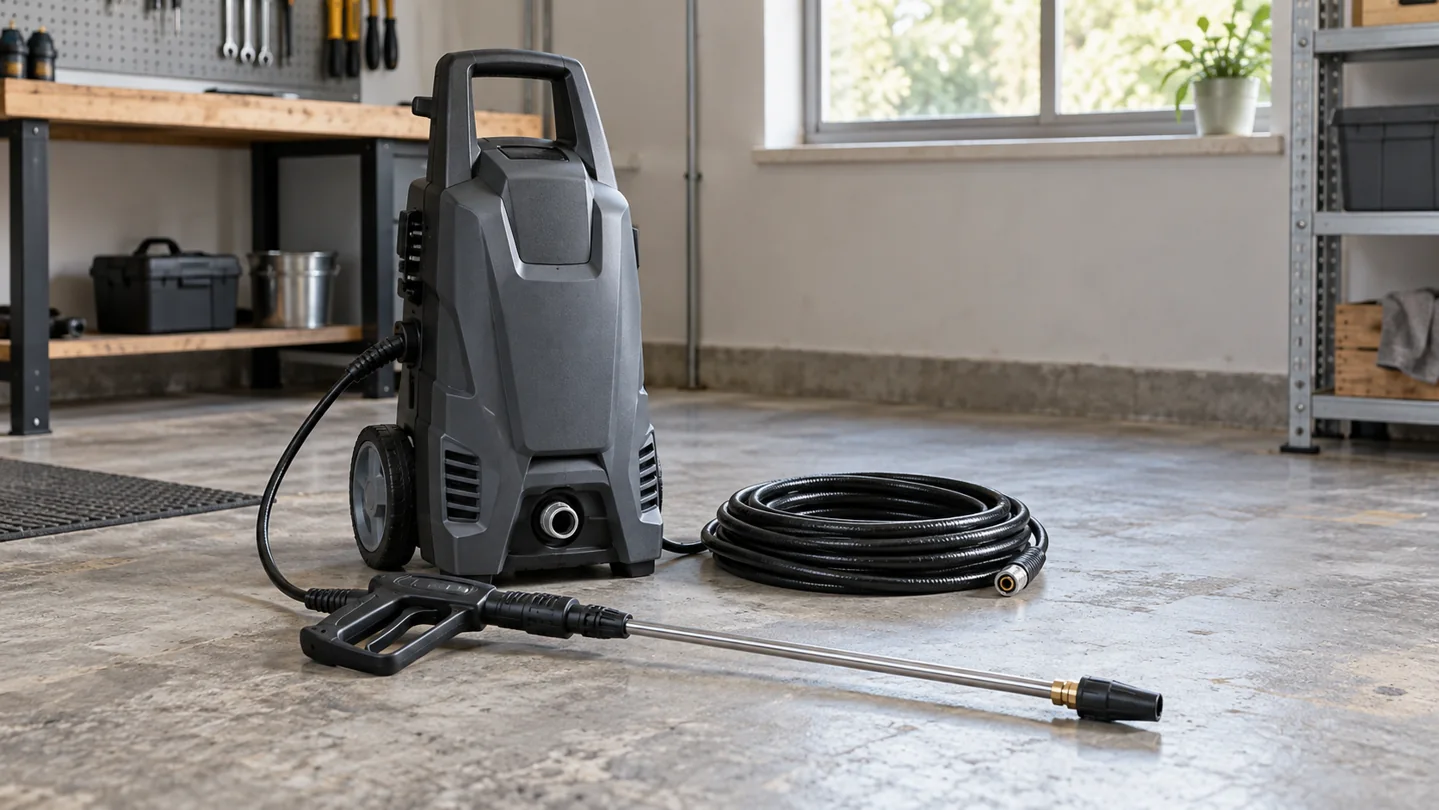 Unbranded wheeled pressure washer, spray lance and coiled hose in a workshop; AI concept illustration
