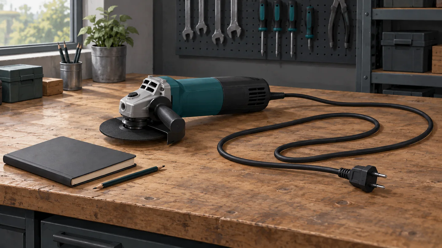 AI conceptual illustration of an unplugged corded grinder, a loose cable and a notebook