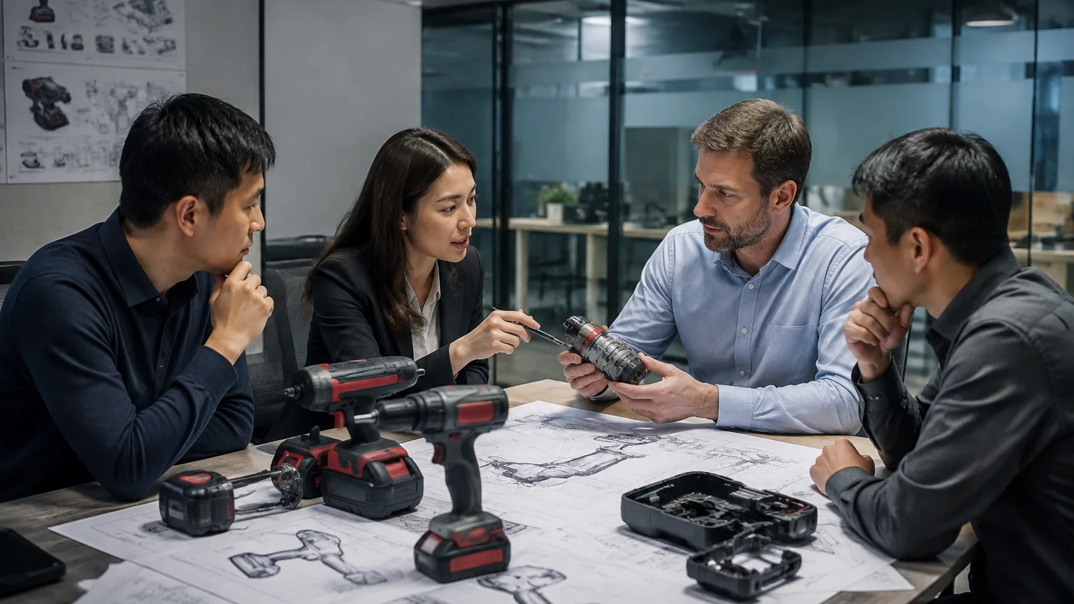 A procurement professional and a supplier engineering team reviewing product drawings and power tool samples around a conference table, with the discussion and verification process in focus.