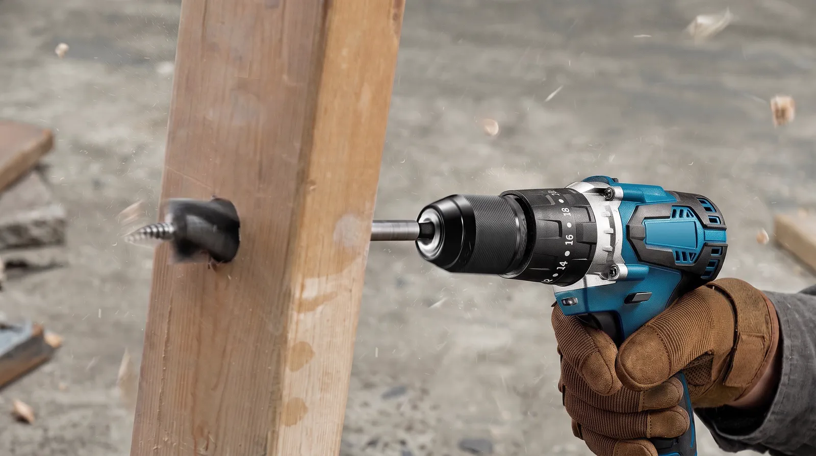 Cordless drill drilling into wood
